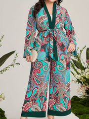 Women's Plus Paisley Print Long Sleeve Cardigan & Wide Leg Pants 2 Piece Set