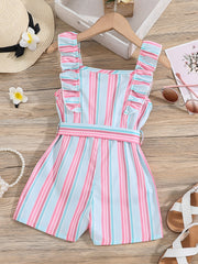 Girls Ruffle Trim Striped Romper with Belt, Summer Jumpsuit
