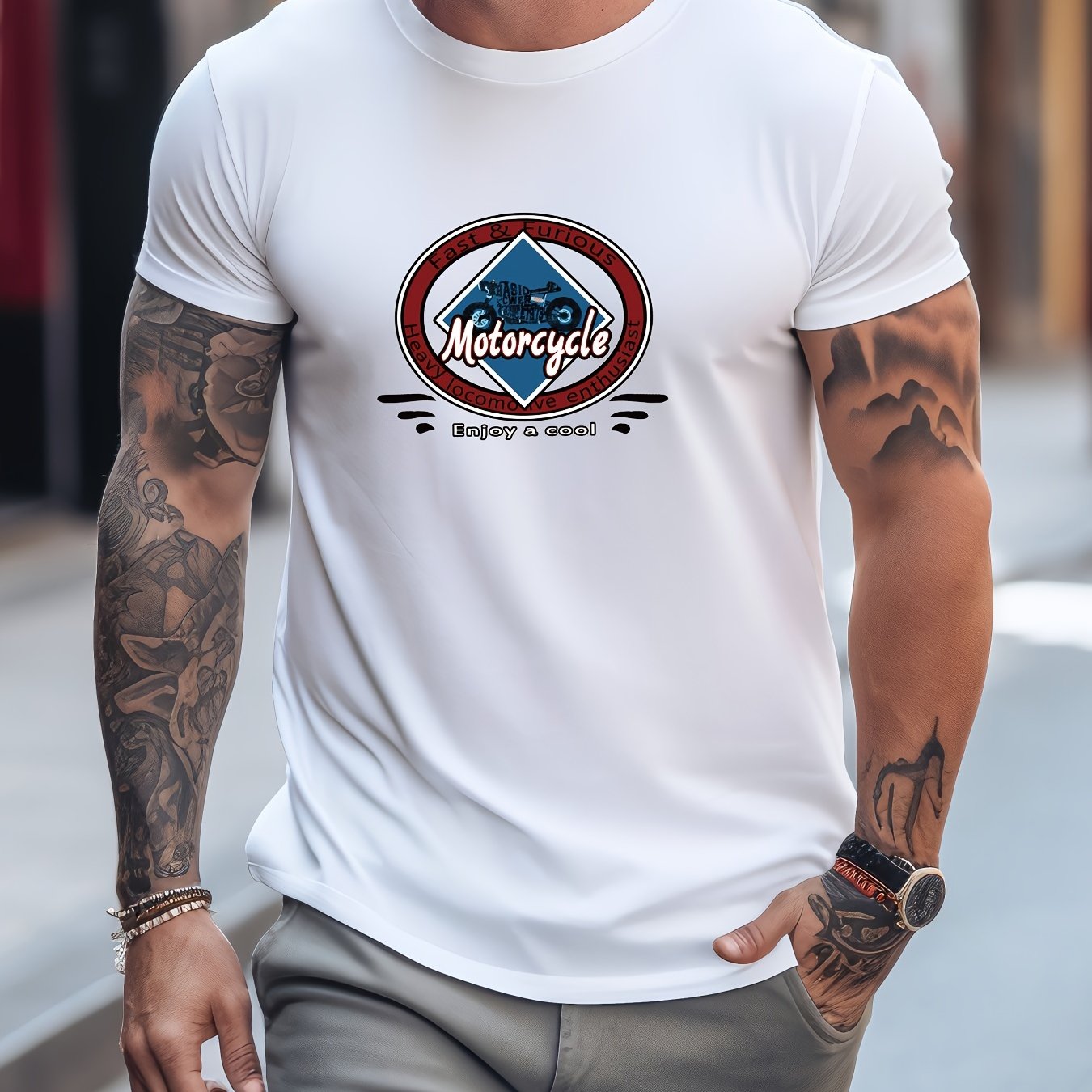 Men's Printed Sports T-shirt Stretch Round Neck Tee Shirt
