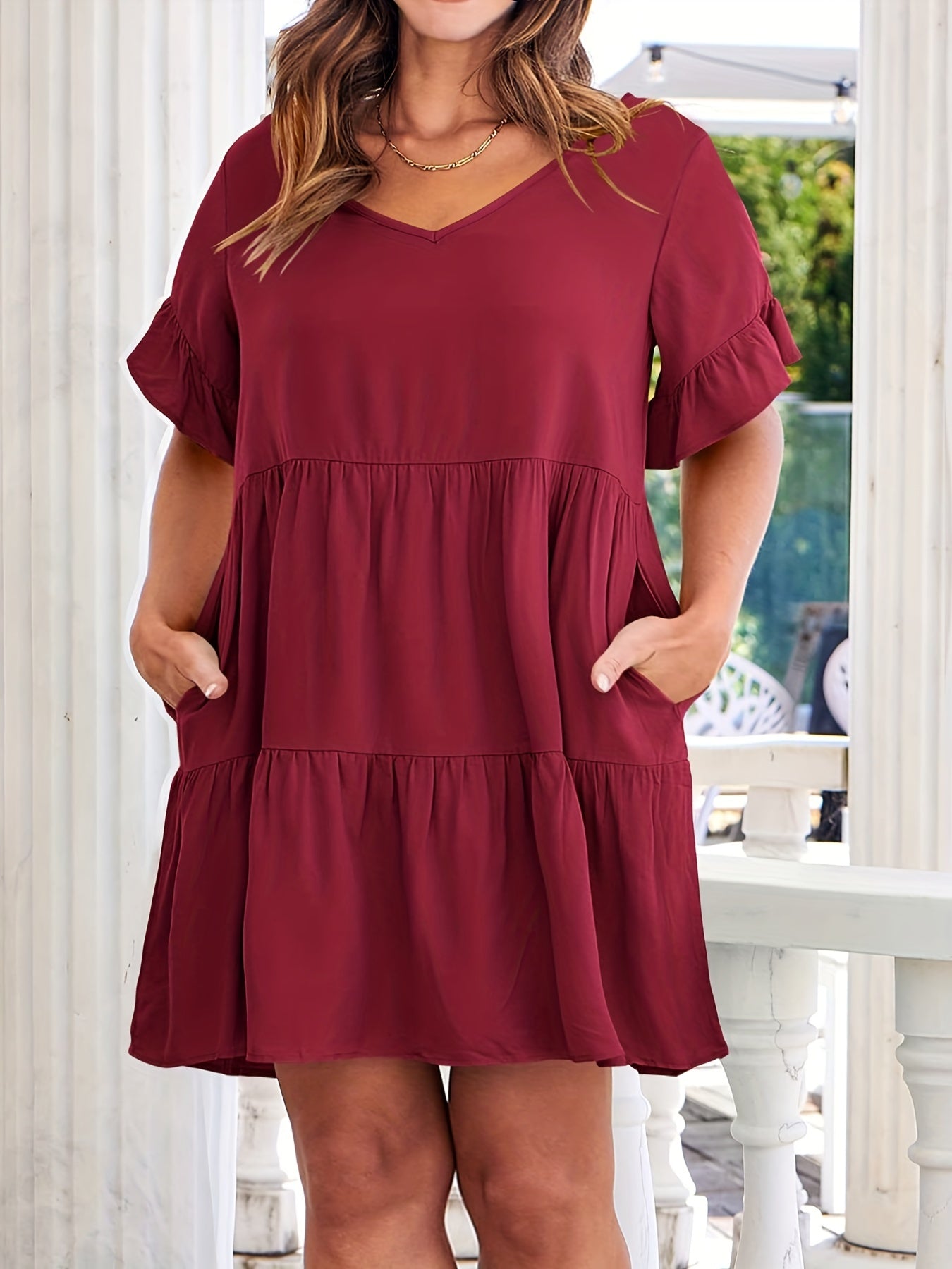  V Neck Ruffle Trim Mini Smock Dress With Pockets