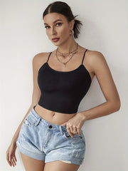 Solid Cami Crop Top Crew Neck Cut Out Top
