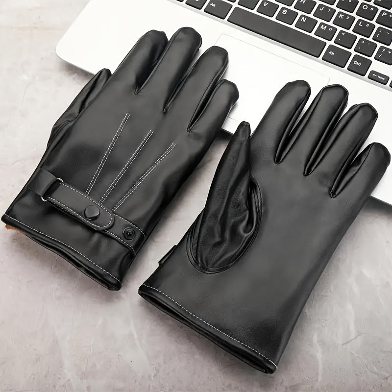 Winter Thick PU Leather Gloves For Men - Cycling Skiing Warm Glove