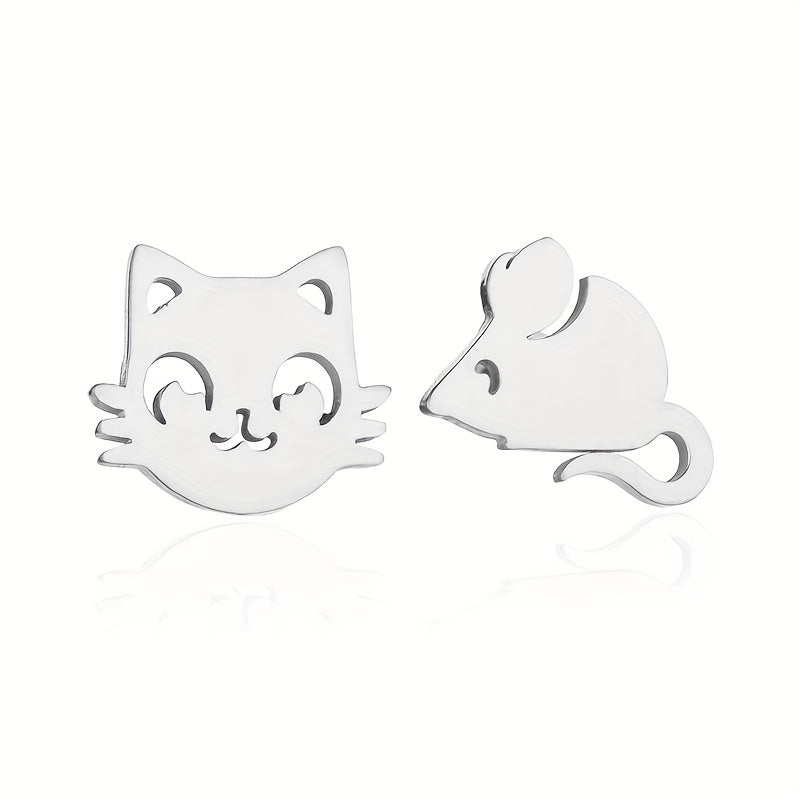 Stainless Steel Cat And Mouse Stud Earrings