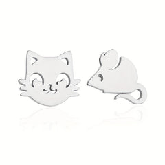 Stainless Steel Cat And Mouse Stud Earrings