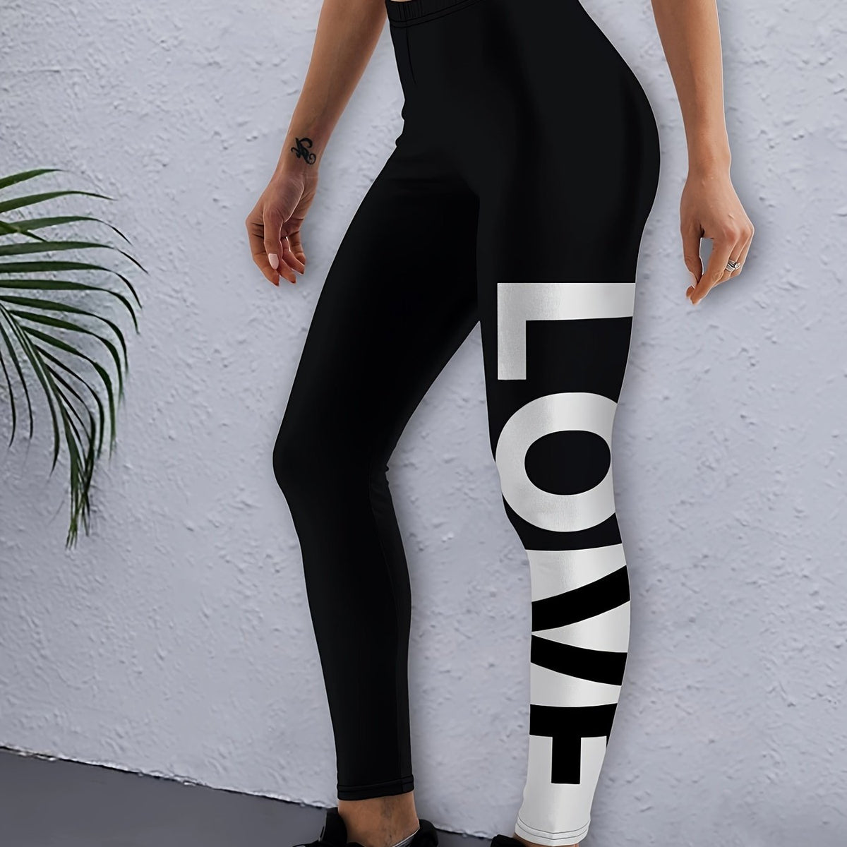 High Waist Yoga Leggings Letter Print Breathable Ankle Length Pants