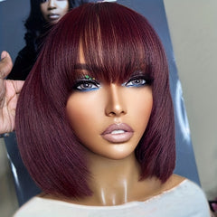 Burgundy Short Bob Wig with Bangs, Brazilian Human Hair, No Lace 180 Density