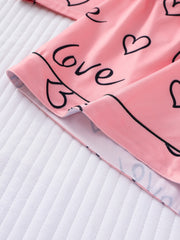 Heart Print Pajama Set Short Sleeve Buttons Top & Elastic Waistband Shorts