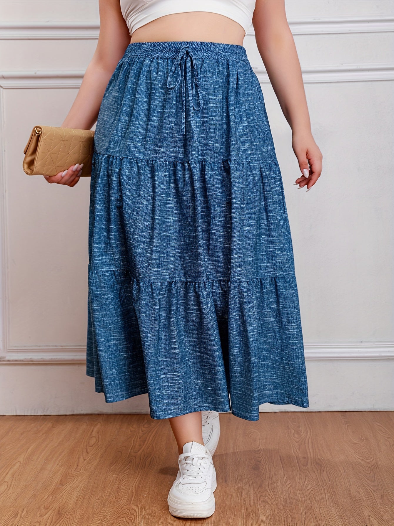  Denim Print Drawstring Elastic High Rise Maxi Skirt