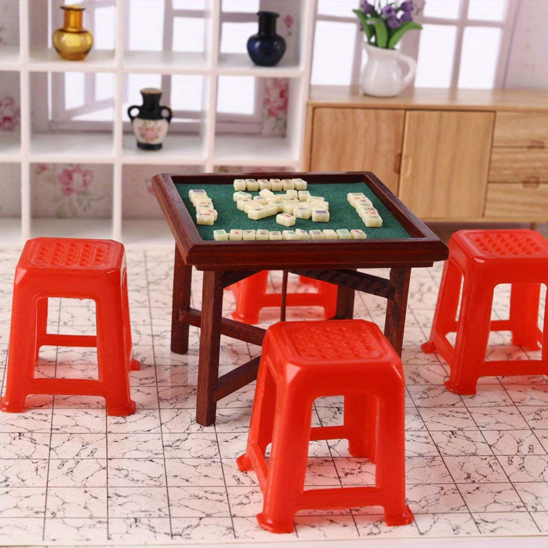 Mini Mahjong Set with Table and Stools for Dollhouses