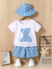 Boys Bear Print T-shirt & Shorts & Hat Set Casual Summer Outfit