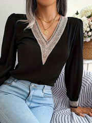  Colorblock Lace Lantern Sleeve V Neck Top