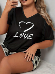  Lip & Heart Print V Neck Pajama Top