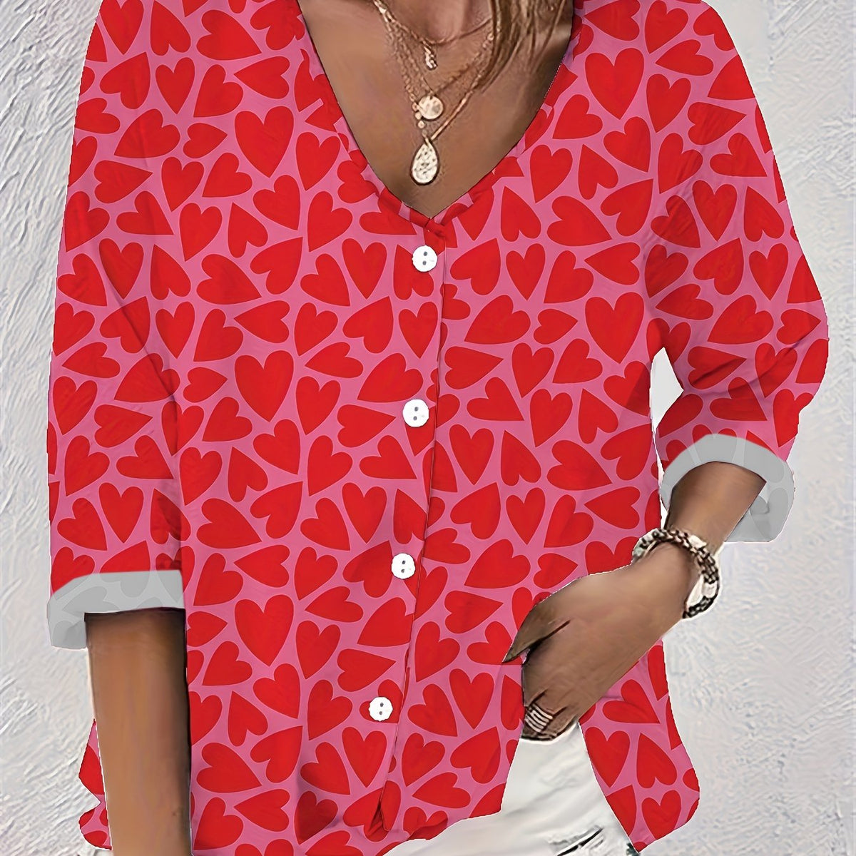  Heart Print Button Up Long Sleeve Blouse