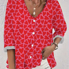  Heart Print Button Up Long Sleeve Blouse