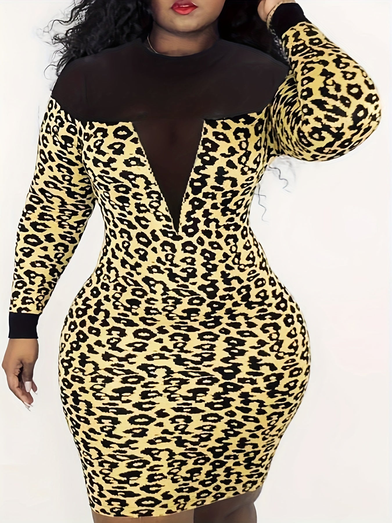  Colorblock Leopard Print Mesh Sleeve Bodycon Dress