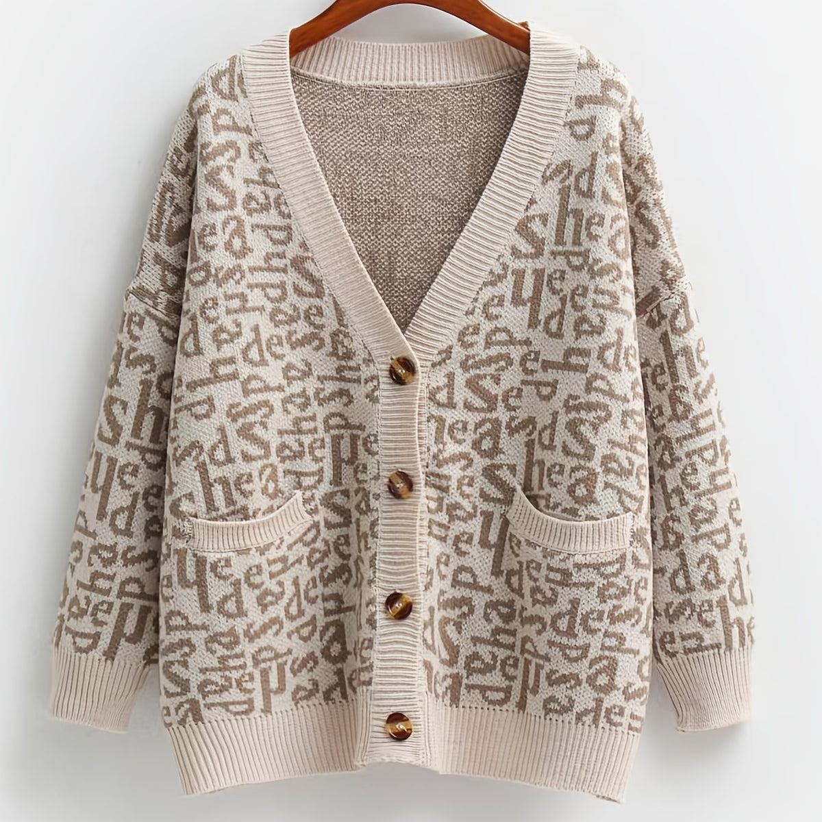  Letter Print Sweater Cardigan With Pockets