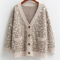  Letter Print Sweater Cardigan With Pockets