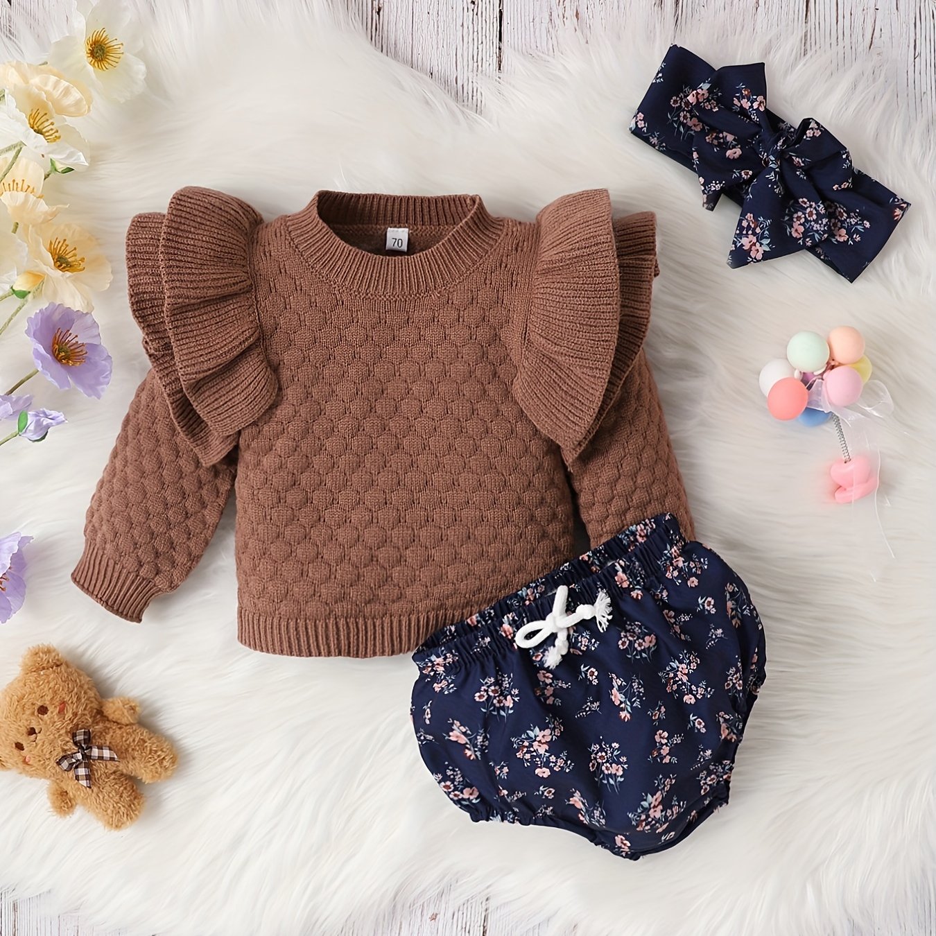 2pcs Baby Girl and Floral Shorts Set Autumn Winter Knit Sweater Top