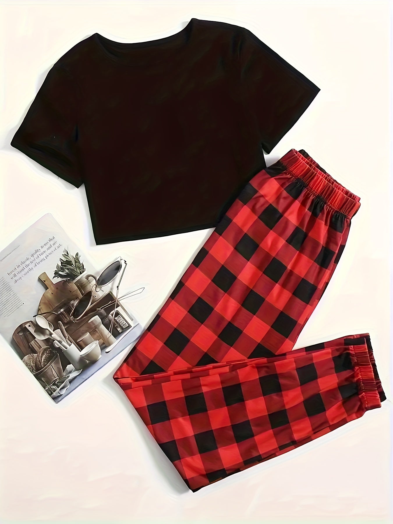  Casual Lounge Set Solid Crop Top & Plaid Joggers Pajamas