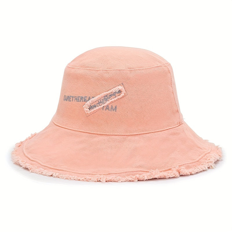 Vintage Embroidery Bucket Hat Frayed Brim Beach Sunscreen Outdoor Basin Hat