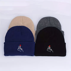 Love Gesture Embroidered Beanie Warm Skull Cap Couple Knit Hat