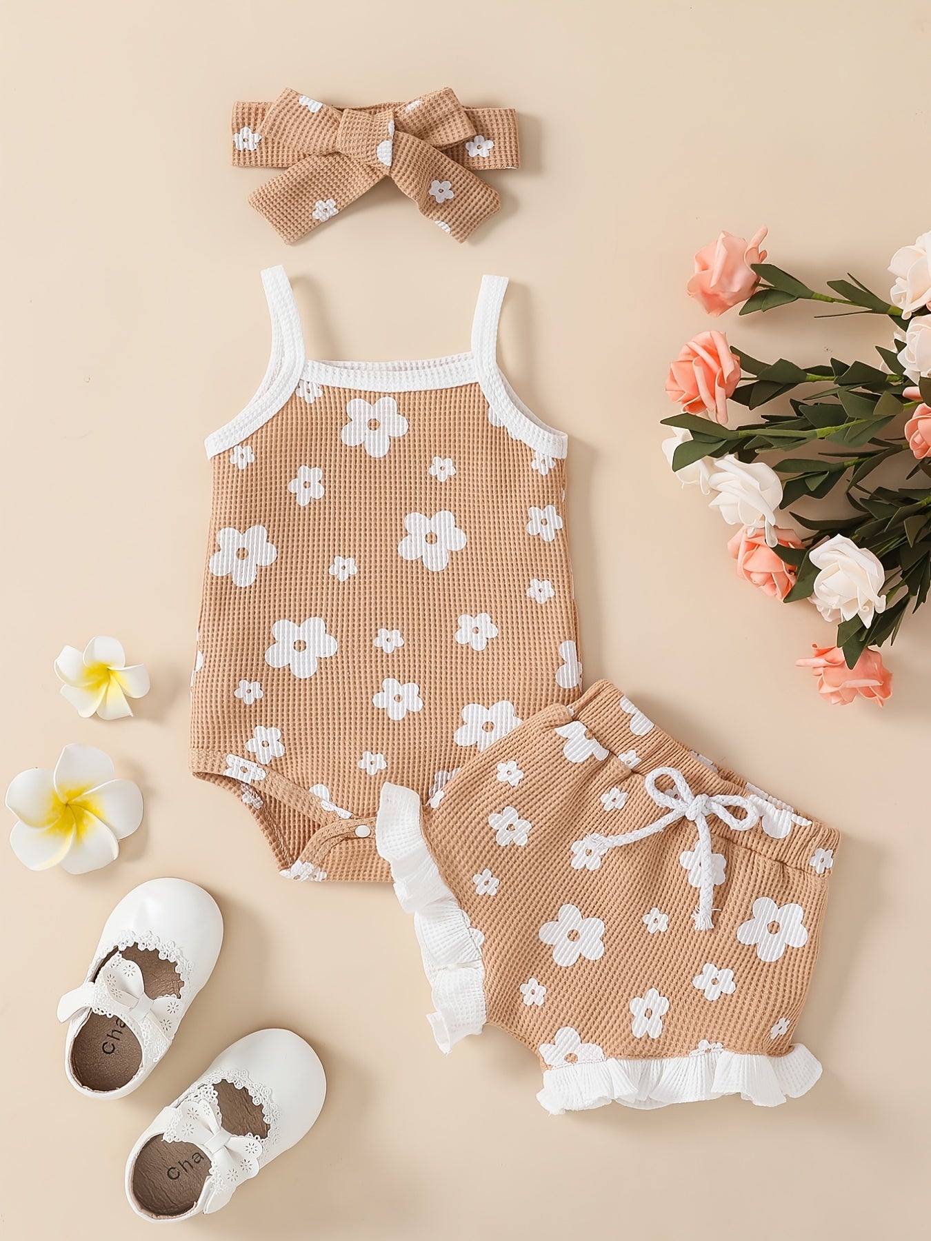 3pcs Baby Girls Floral Onesie & Shorts Set