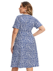  Ditsy Floral Print V Neck Drawstring Dress