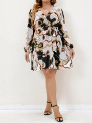  Colorblock Chain Print Long Sleeve Dress
