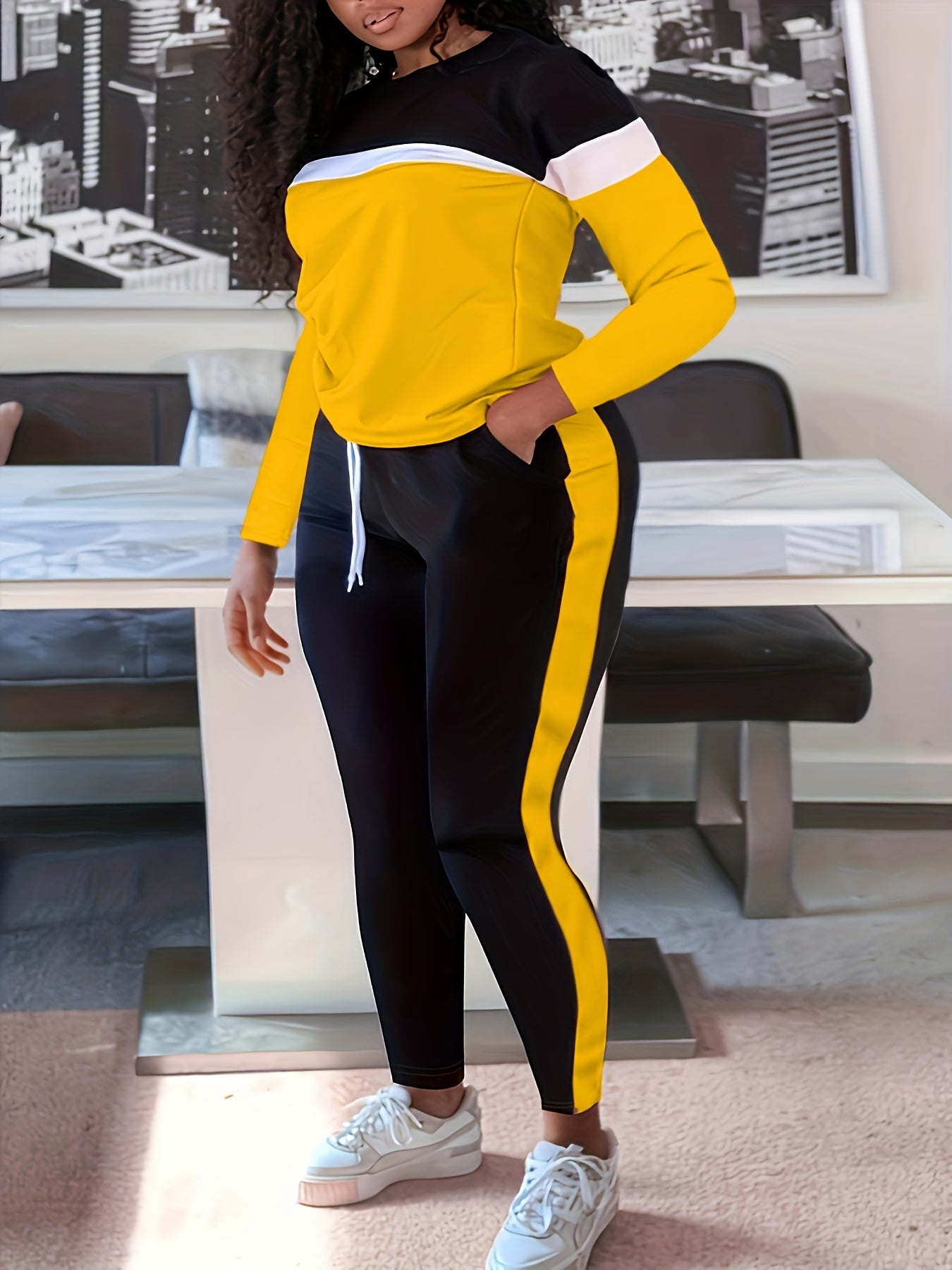  Colorblock Long Sleeve Round Neck Top & Pants Set