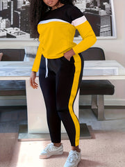  Colorblock Long Sleeve Round Neck Top & Pants Set
