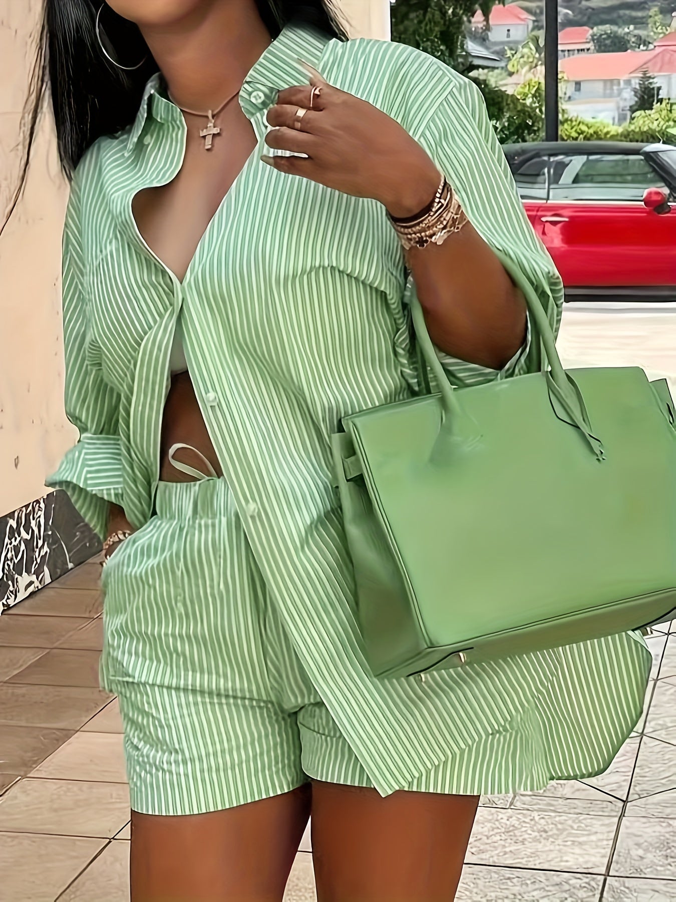  Stripe Long Sleeve Shirt & Shorts Set