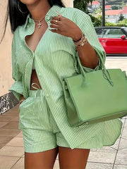  Stripe Long Sleeve Shirt & Shorts Set