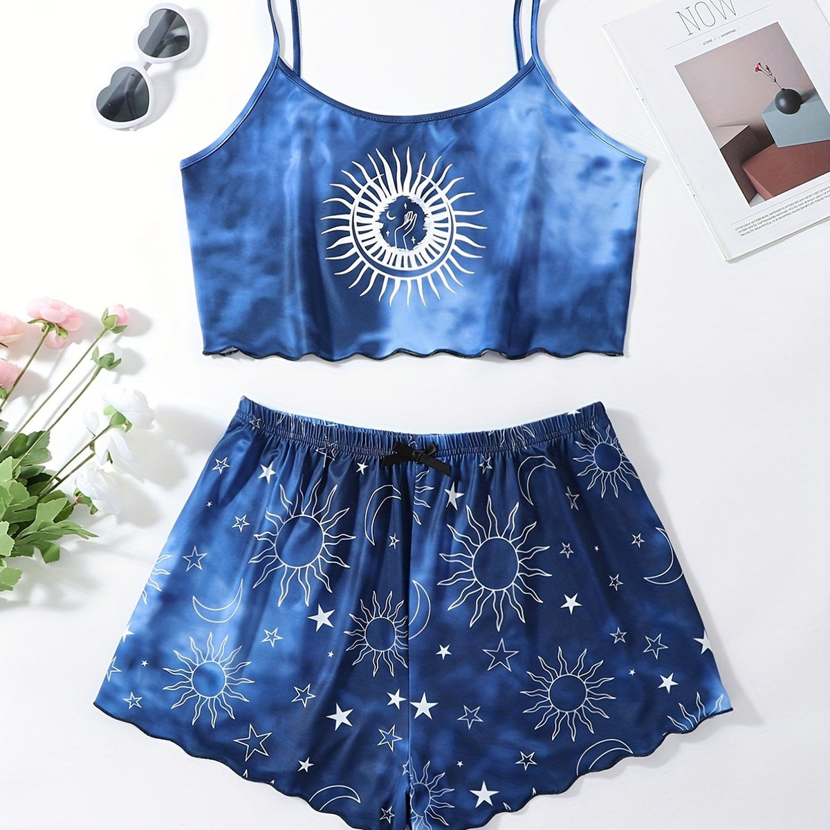  Sun & Moon Print Ruffle Trim Pajama Set