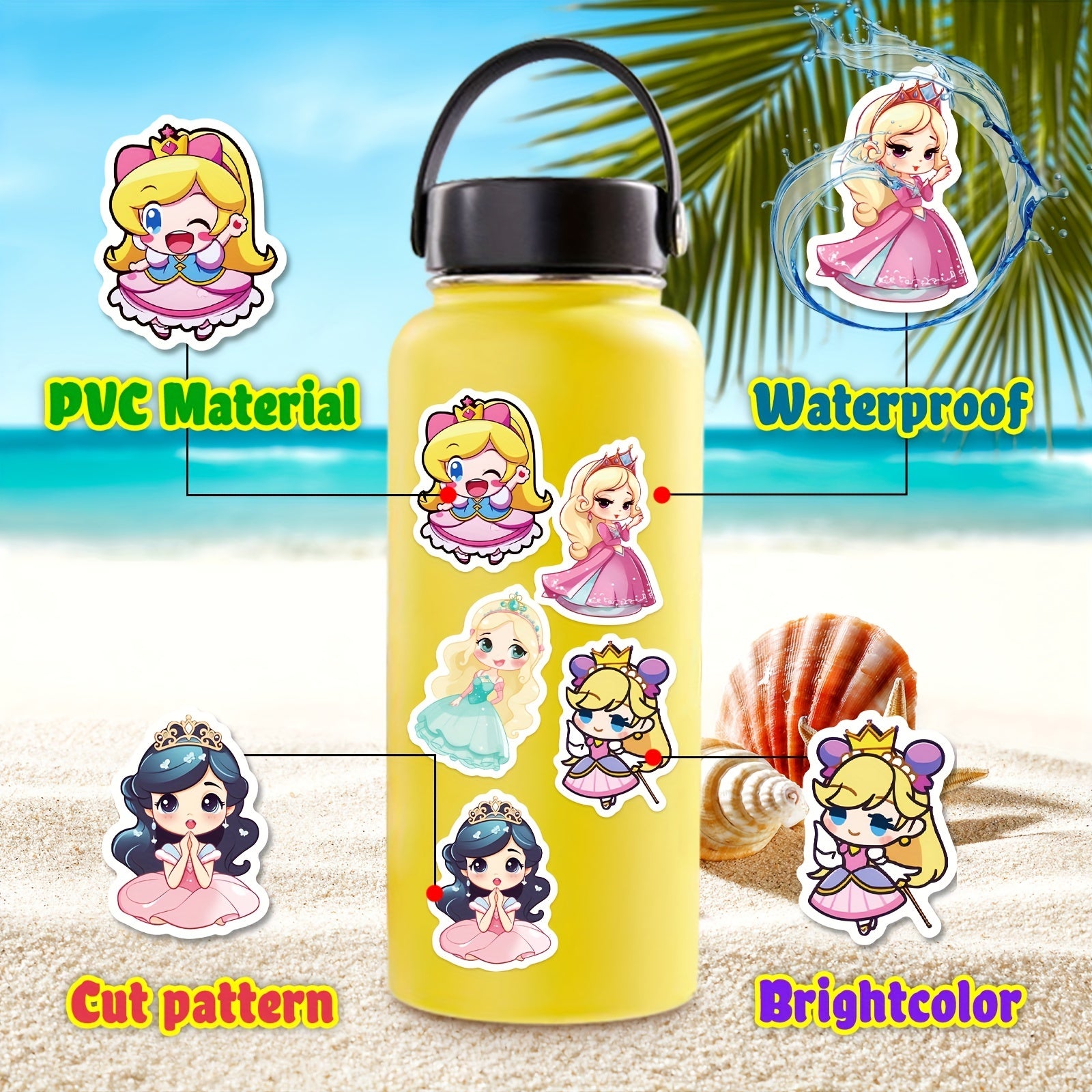 100 Princess Fairy Stickers Pack Waterproof Vinyl Cartoon Princess Girls Decals