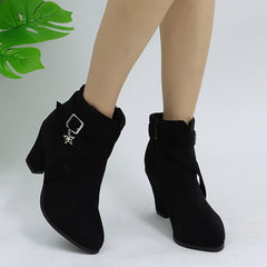 Women's Star Buckle Ankle Boots Block High Heels Round Toe