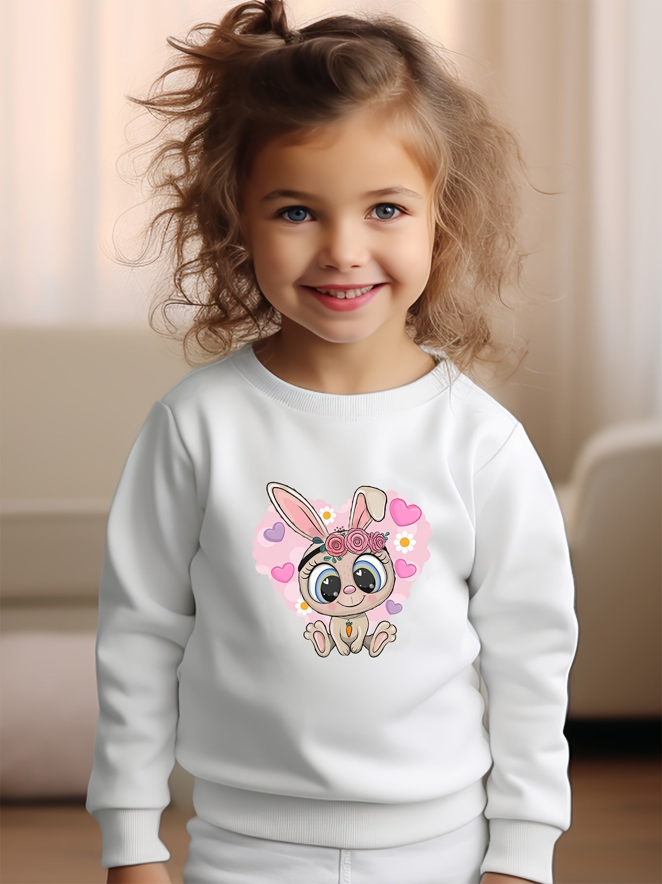 Girls Rabbit Pattern Crew Neck Sweatshirt Spring Fall Christmas Gift