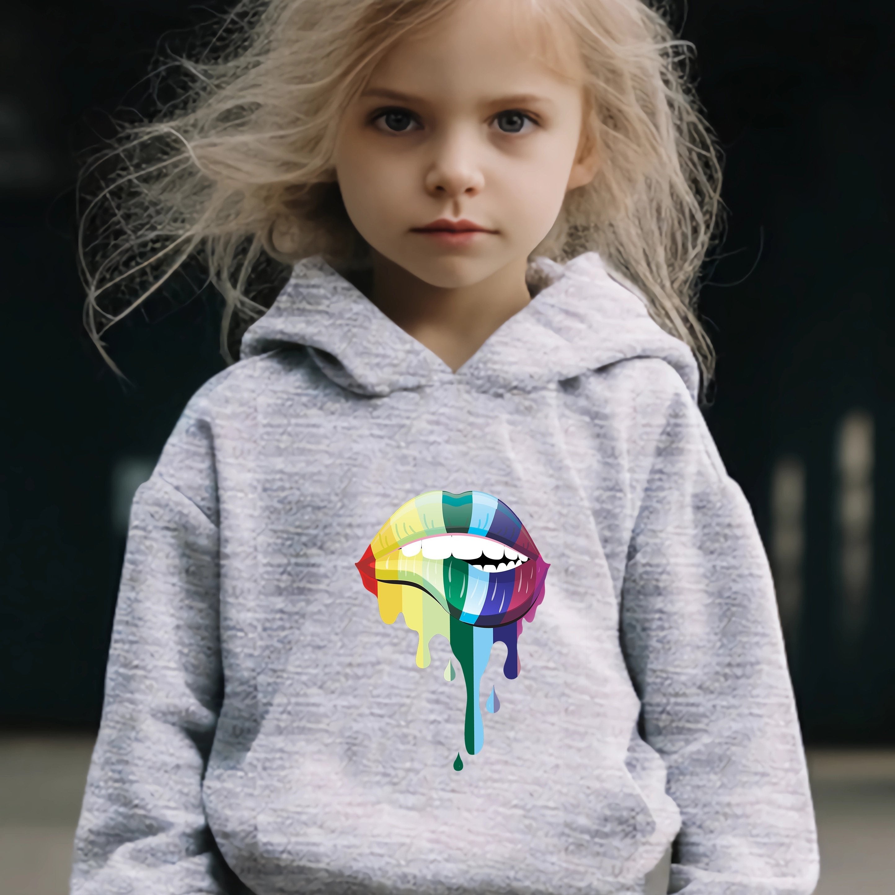 Colorful Lip Pattern Hooded Sweatshirt Girls Hoodies & Sweatpants