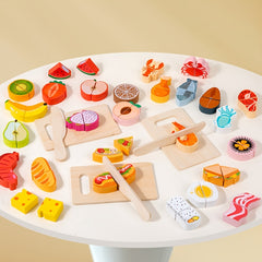 Wooden Reusable Play Kitchen Set with Fruits, Seafood, Desserts, and Cutting Kit