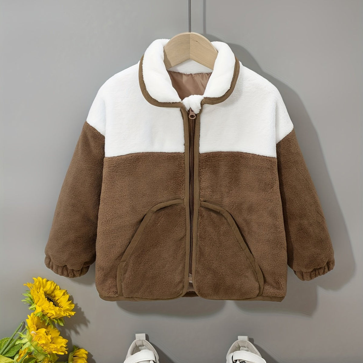 Boy's Casual Block Fleece Jacket Zip Up Lapel Jacket