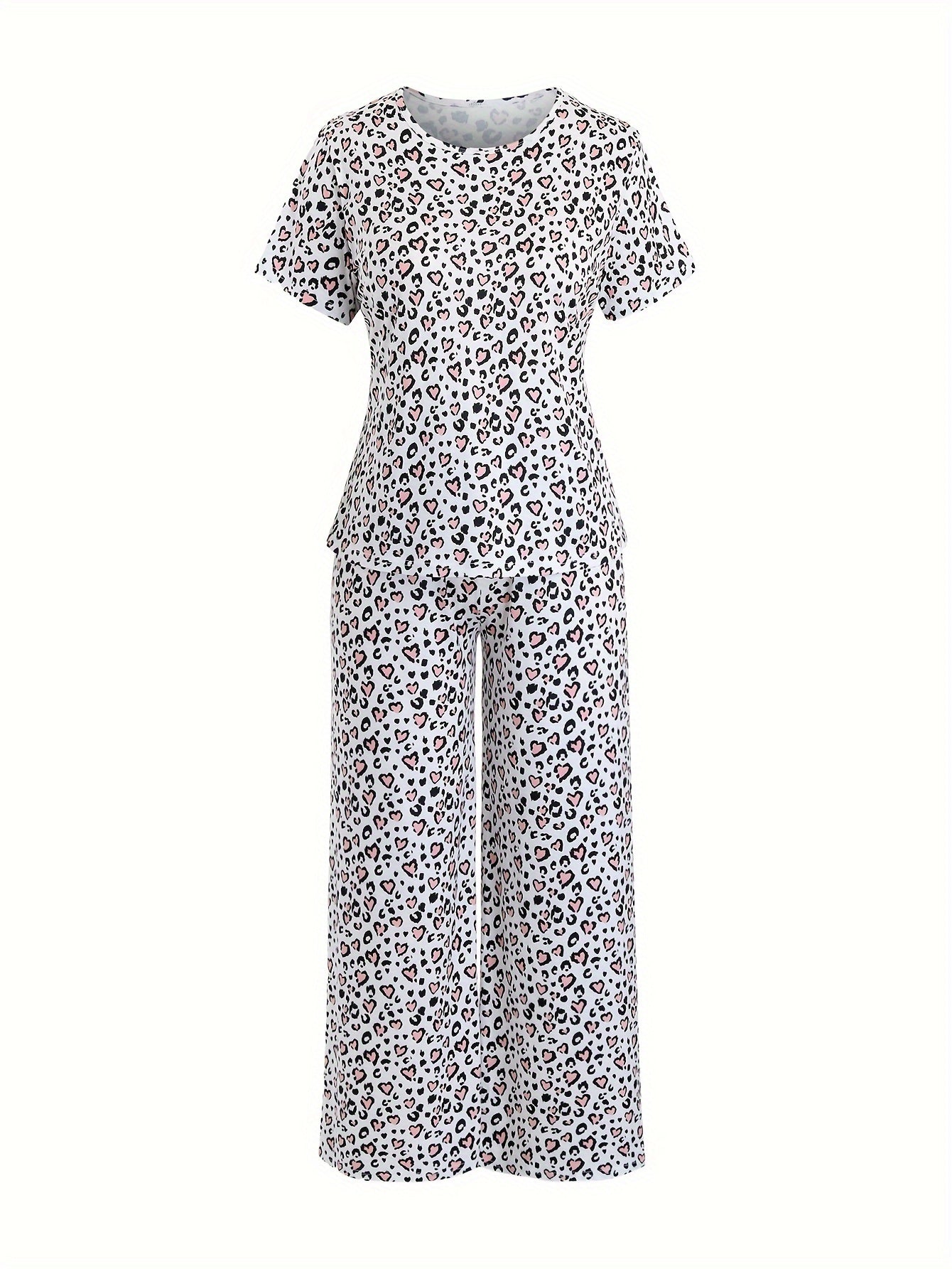  Heart Leopard Pajama Set Short Sleeve Tee & Pants Home Wear