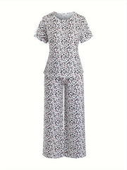  Heart Leopard Pajama Set Short Sleeve Tee & Pants Home Wear
