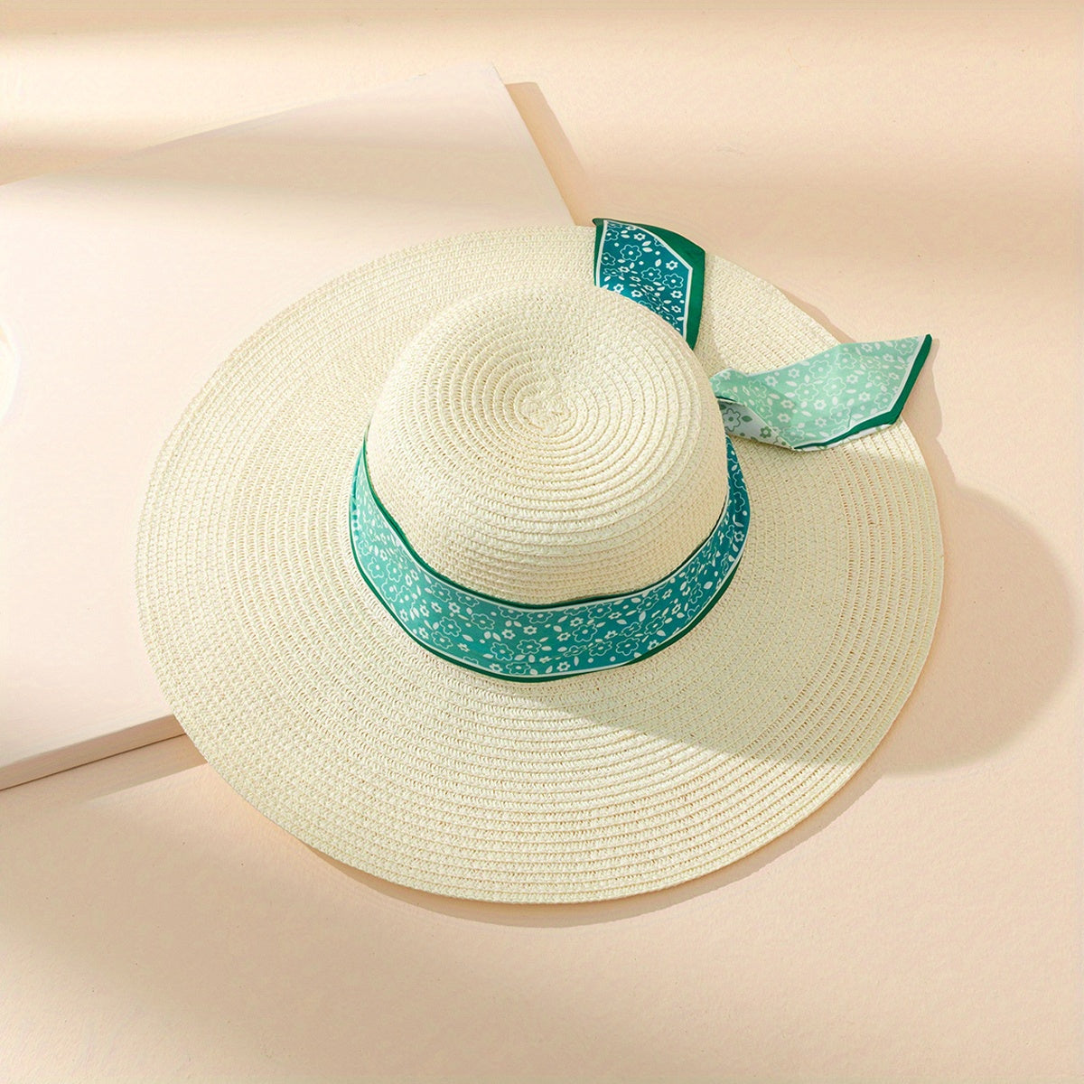 Green Floral Ribbon Decor Sun Hat Boho Beige Wide Brim Straw Hats For Women