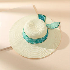 Green Floral Ribbon Decor Sun Hat Boho Beige Wide Brim Straw Hats For Women