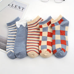 5 Pairs Striped & Plaid Ankle Socks Low Cut Women's Stockings