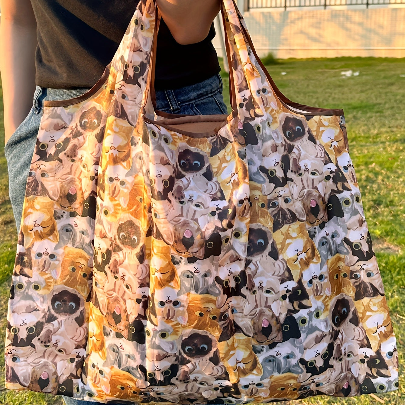 Cat Pattern Foldable Tote Bag Large Capacity Portable Shoulder Bag