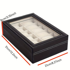 12-Slot Watch Case Large Glass Lid Detachable Pillow Perfect Gift Men Women