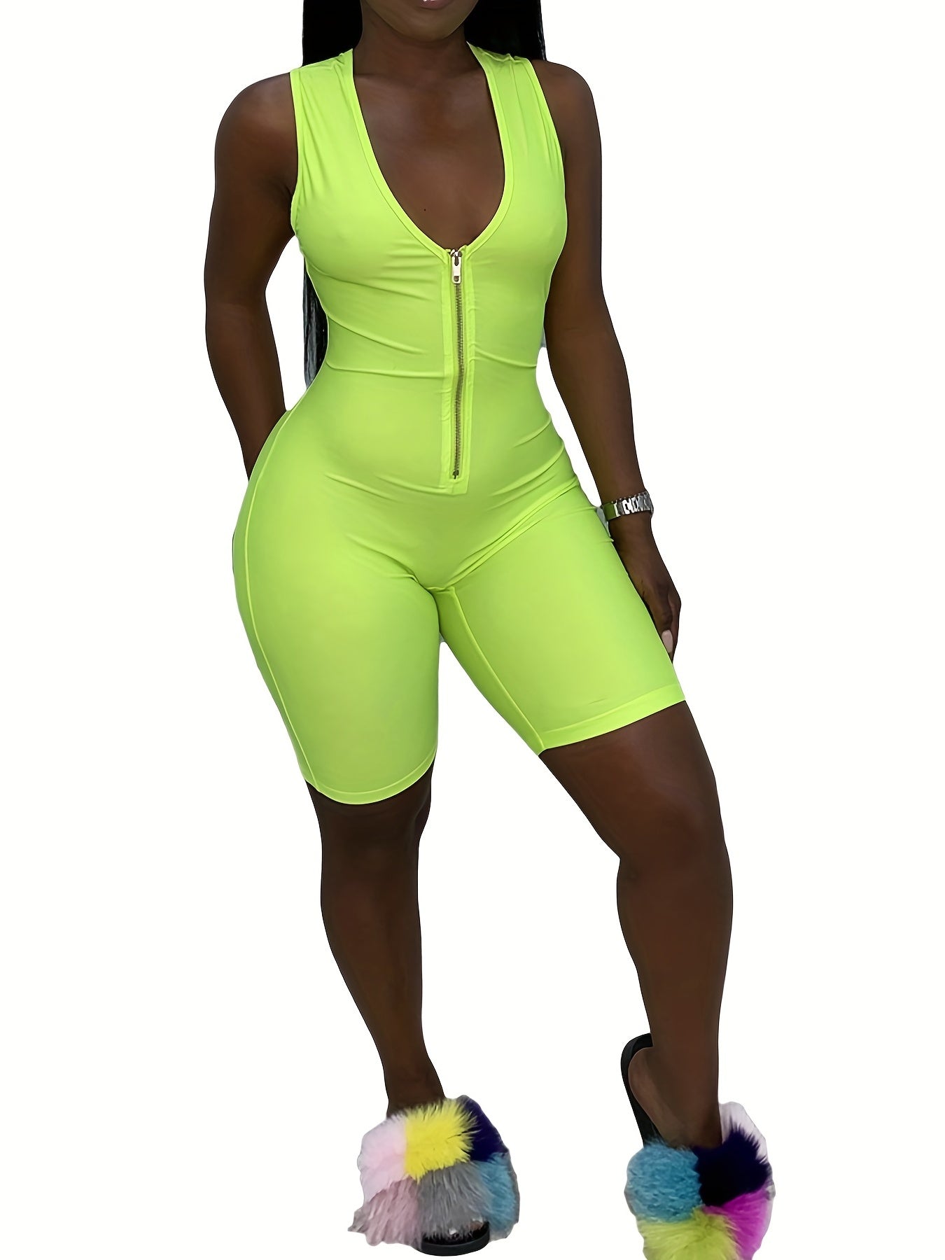Solid V Neck Sleeveless Bodycon Romper