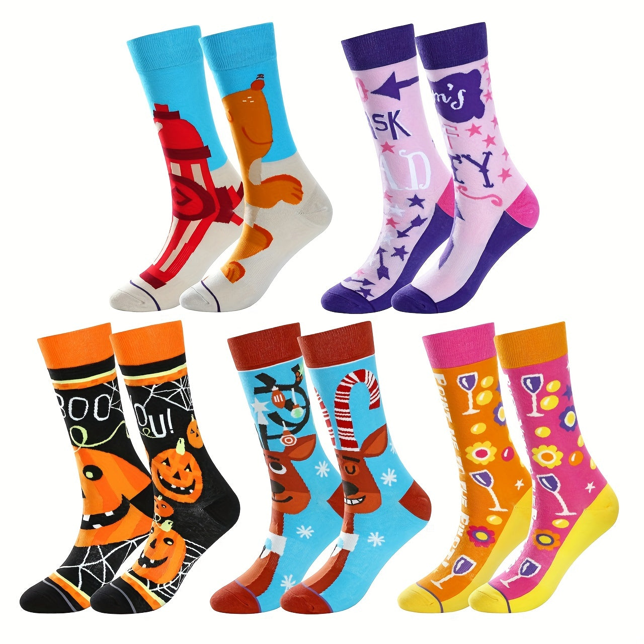 5 Pairs Cartoon Print Socks Comfy Halloween Mid Tube Socks Women's Stockings