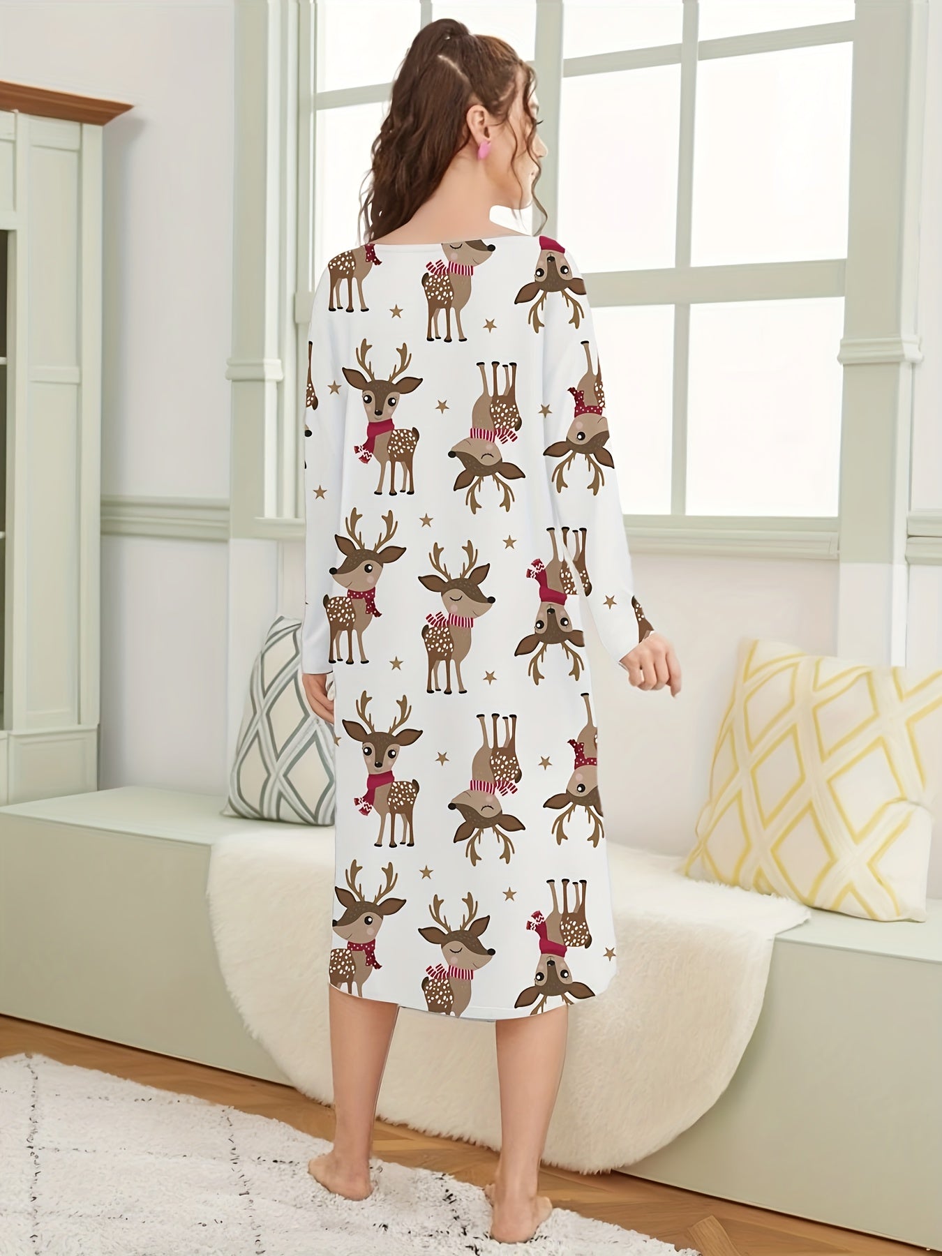 Christmas Elk Print NightDress Long Sleeve Pajama Dress Women's Sleepwear
