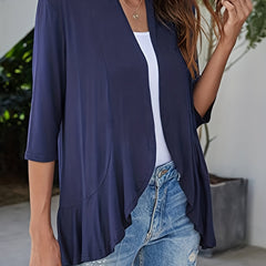  Solid Three Quarter Sleeve Ruffle Open Front Cardigan